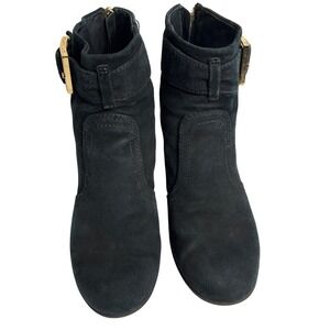 Tory Burch Black Suede Wedge Ankle Boots Gold Buckle Rear Zip Womens 8M